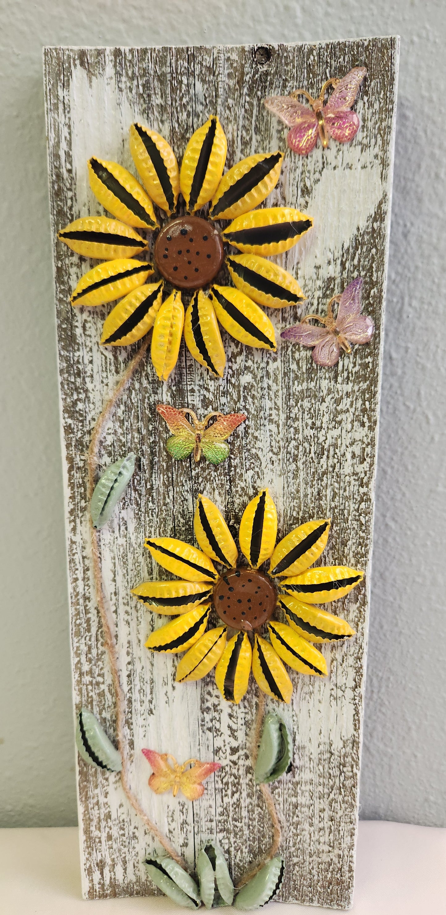Bottle Cap Sunflowers on Driftwood π»π¦