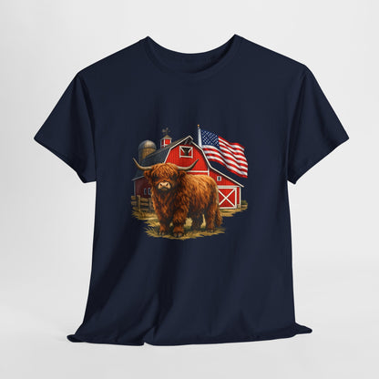 Highland Cow Farm Tee — American Flag Barn Graphic T-Shirt