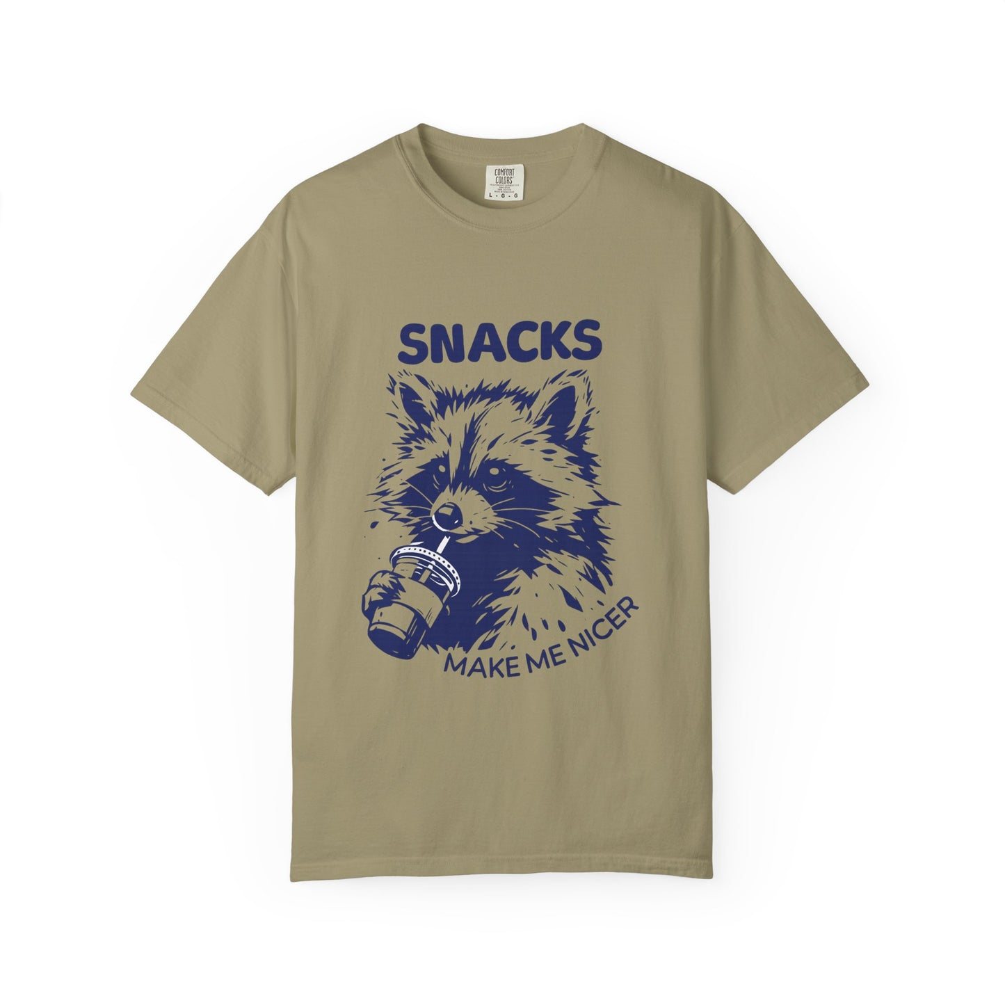 Snacks Make Me Nicer T-Shirt — Raccoon Holding Snack Graphic Tee