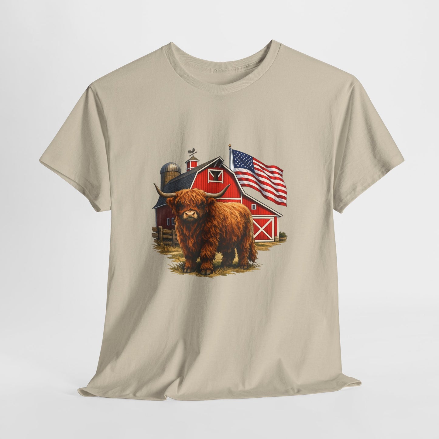 Highland Cow Farm Tee — American Flag Barn Graphic T-Shirt