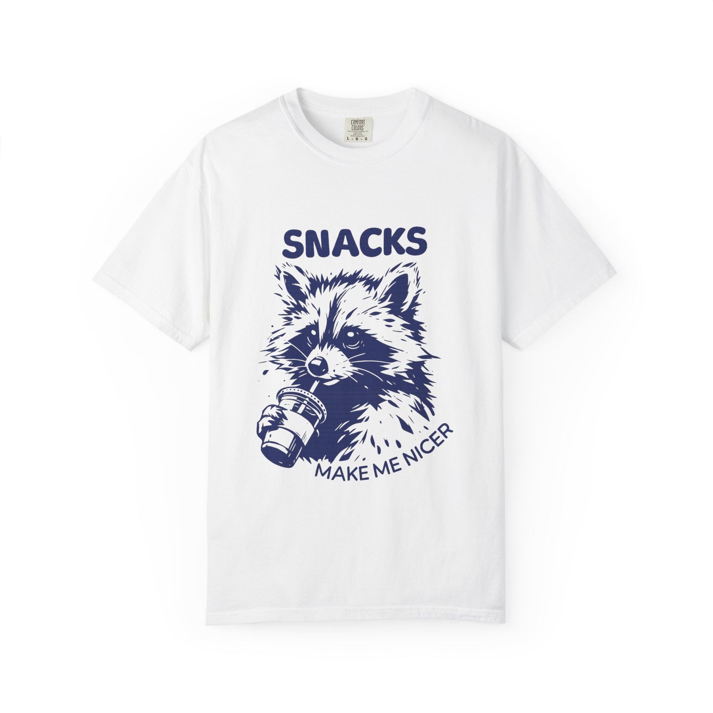 Snacks Make Me Nicer T-Shirt — Raccoon Holding Snack Graphic Tee