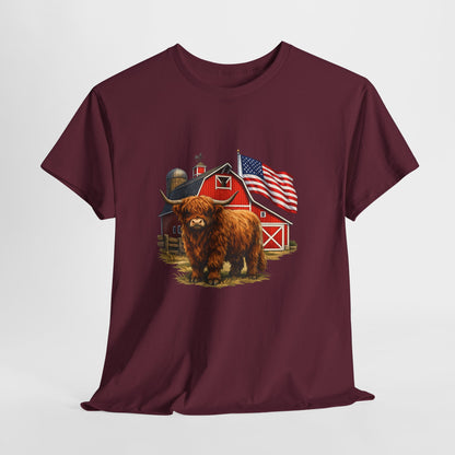 Highland Cow Farm Tee — American Flag Barn Graphic T-Shirt