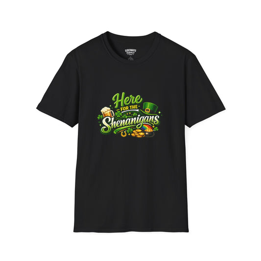"Here for the Shenanigans" St. Patrick's Day Shamrock Party Tee