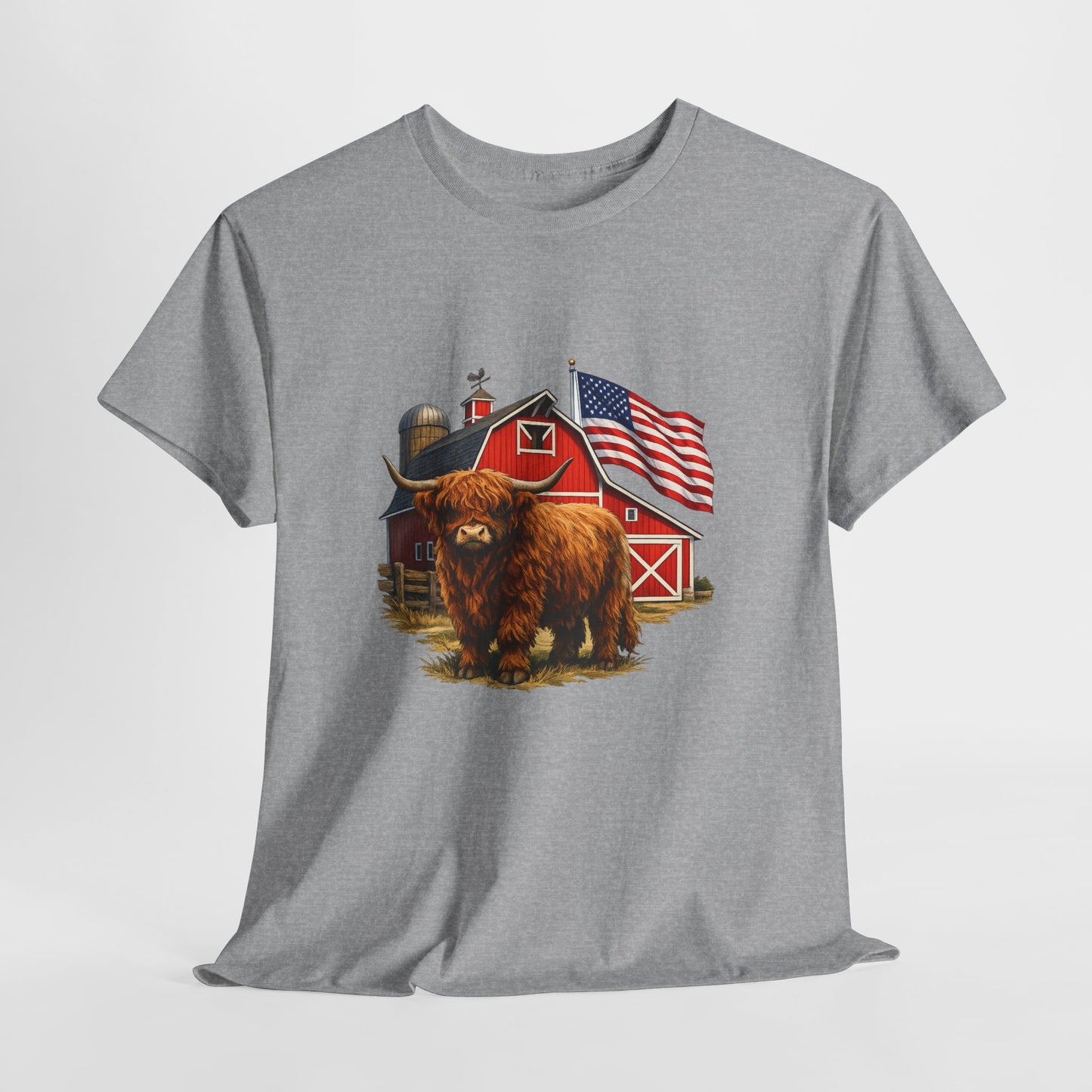 Highland Cow Farm Tee — American Flag Barn Graphic T-Shirt