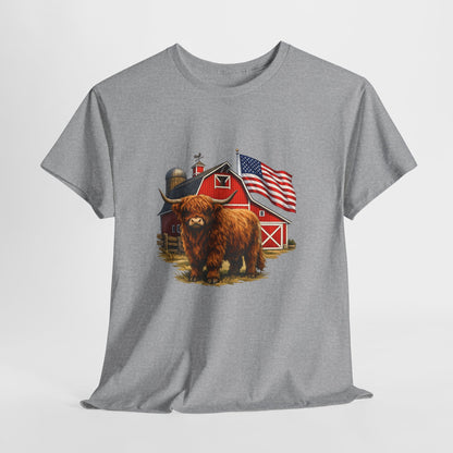 Highland Cow Farm Tee — American Flag Barn Graphic T-Shirt