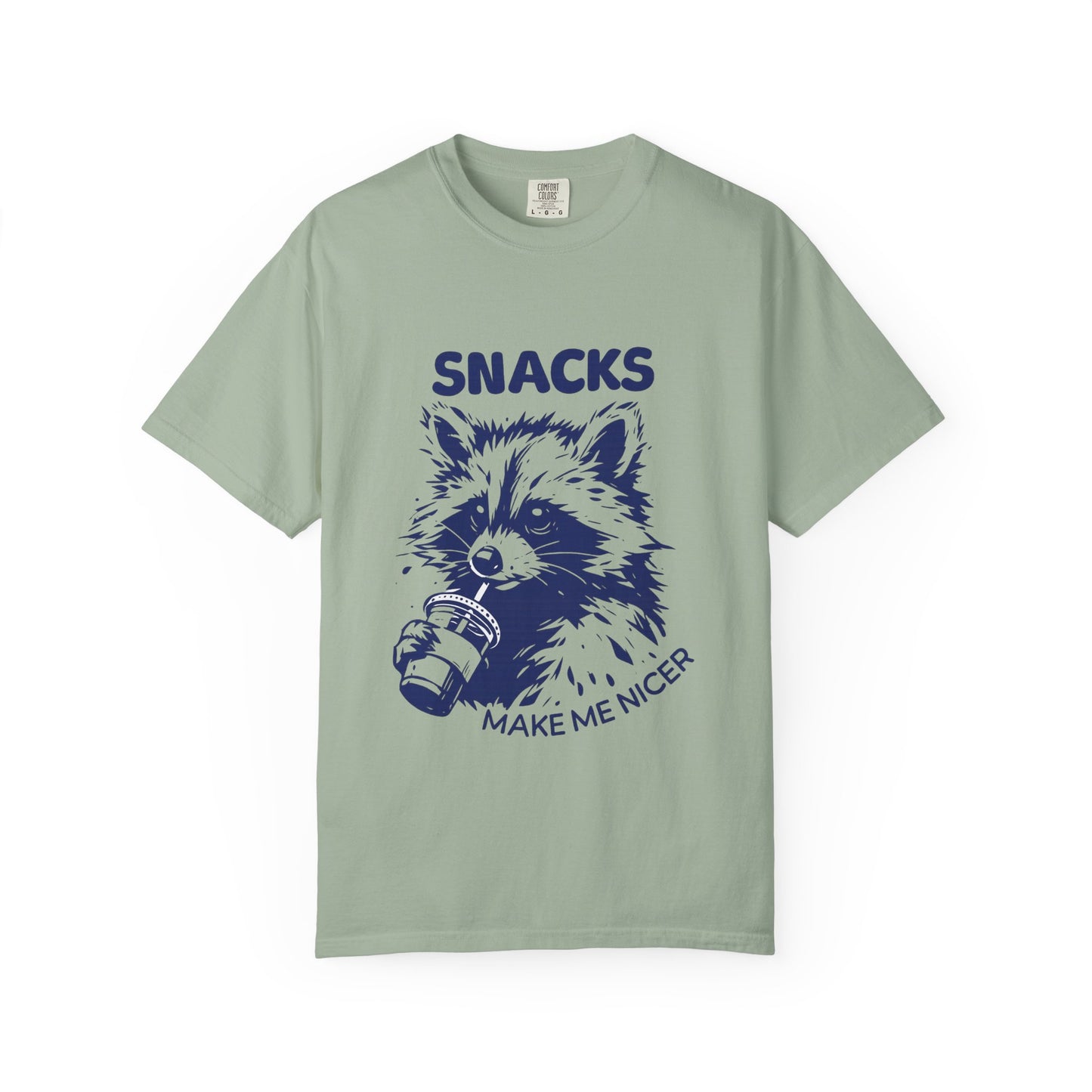 Snacks Make Me Nicer T-Shirt — Raccoon Holding Snack Graphic Tee