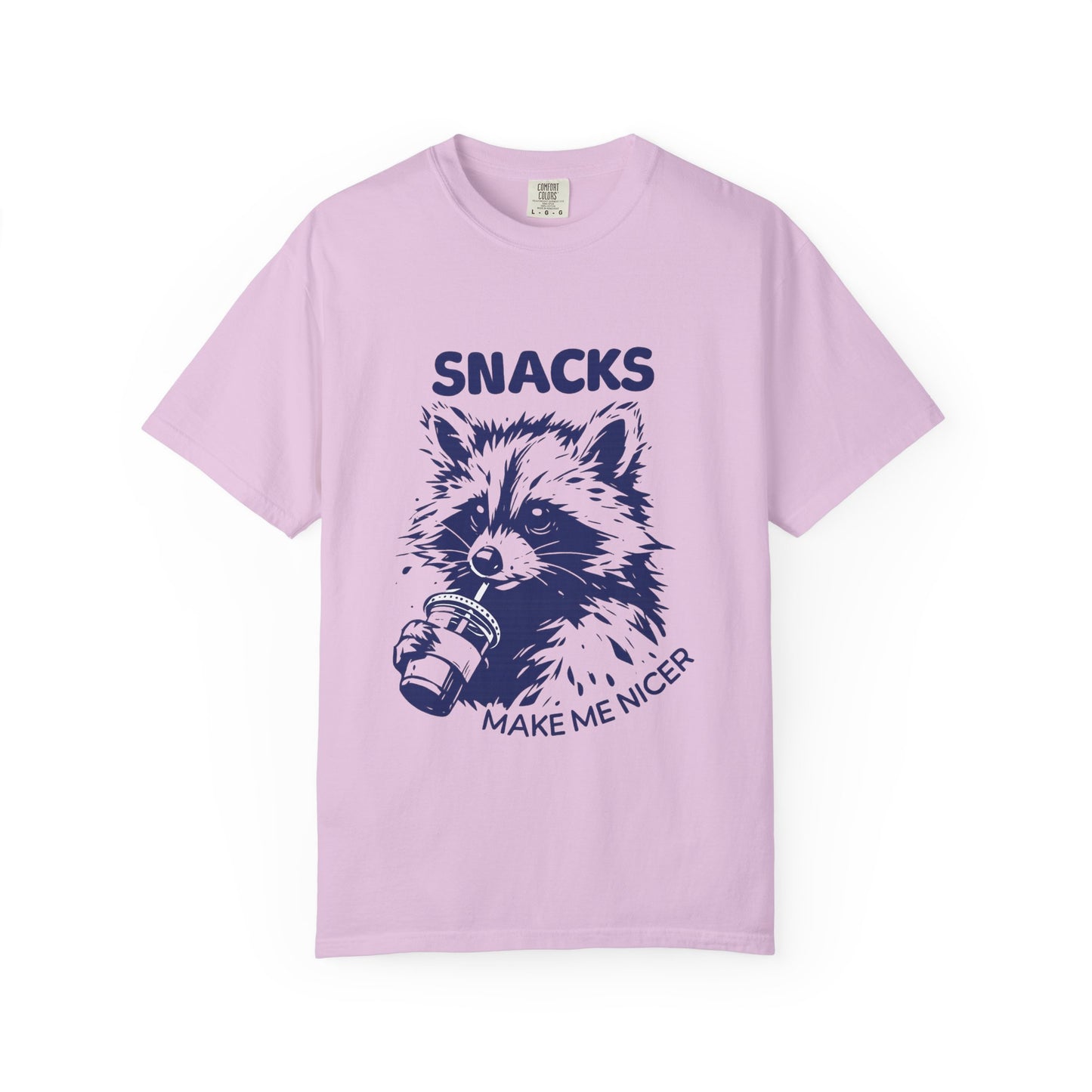 Snacks Make Me Nicer T-Shirt — Raccoon Holding Snack Graphic Tee