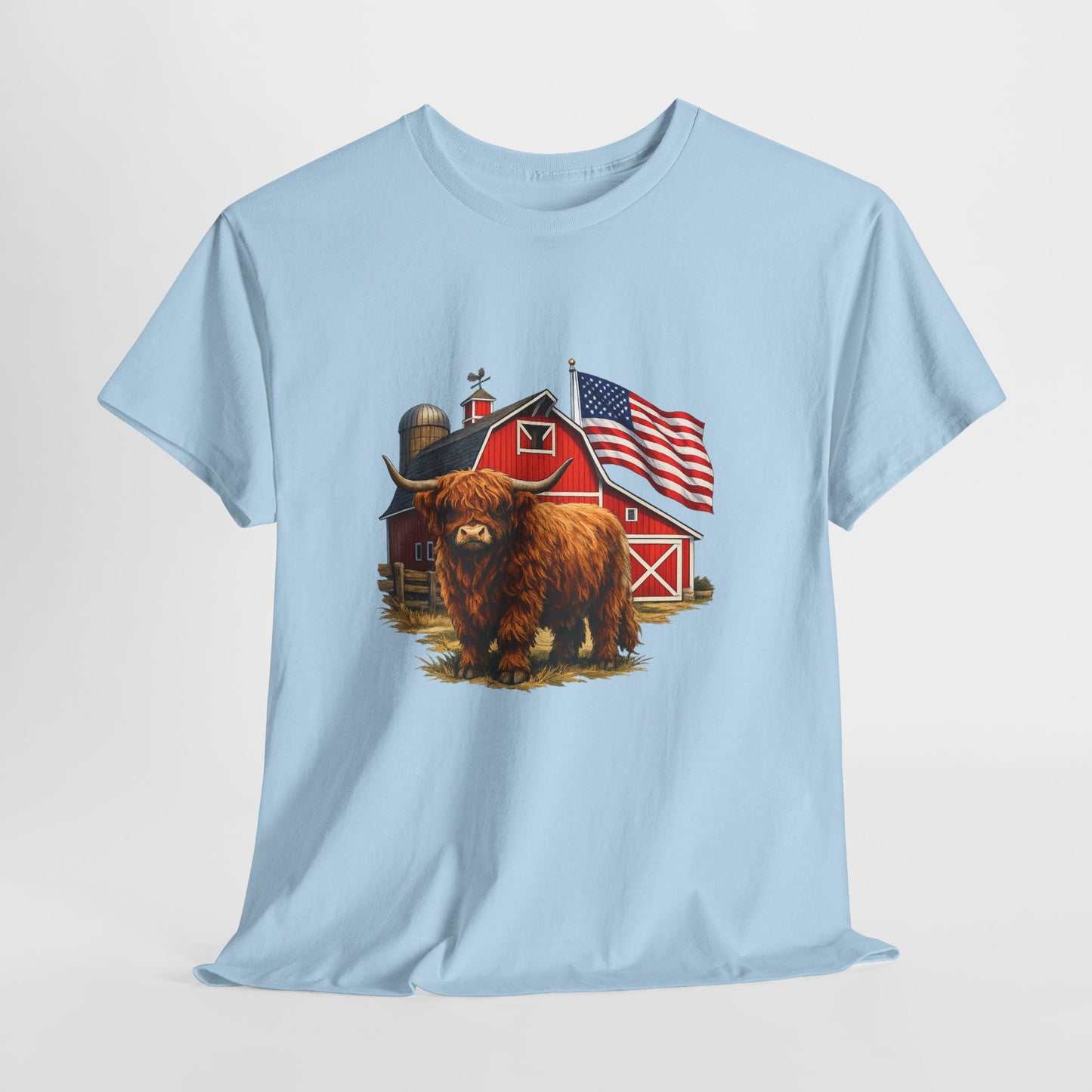Highland Cow Farm Tee — American Flag Barn Graphic T-Shirt
