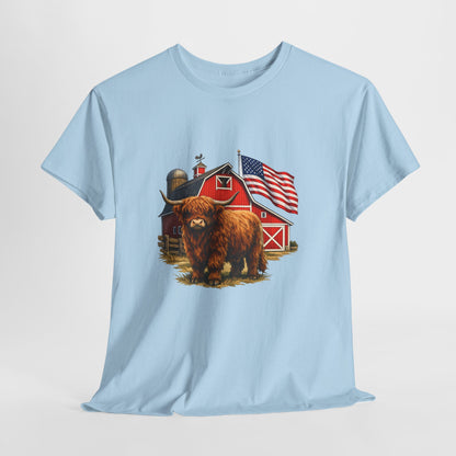 Highland Cow Farm Tee — American Flag Barn Graphic T-Shirt