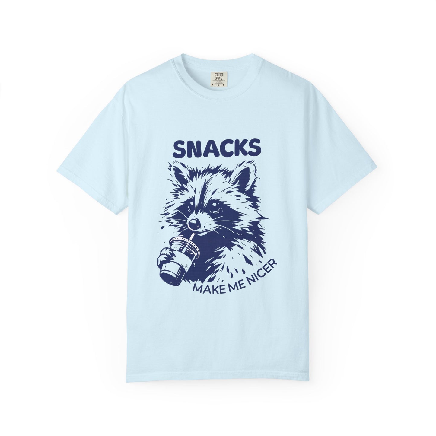 Snacks Make Me Nicer T-Shirt — Raccoon Holding Snack Graphic Tee