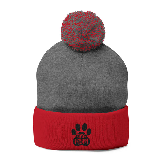 Dog Mom Embroidered Pom-Pom Knit Beanie — Cozy Winter Hat for Pet Lovers