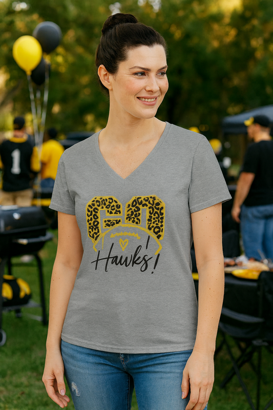 Go Hawks Leopard Print V-Neck T-Shirt — Women's Football Mom Fan Tee