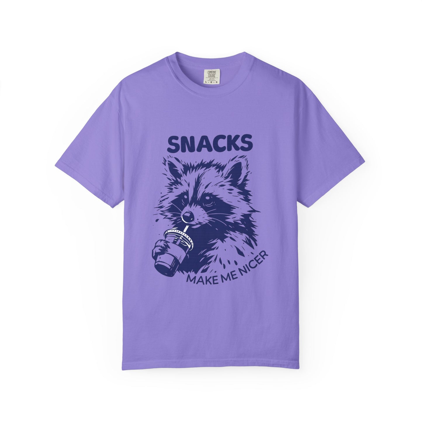 Snacks Make Me Nicer T-Shirt — Raccoon Holding Snack Graphic Tee