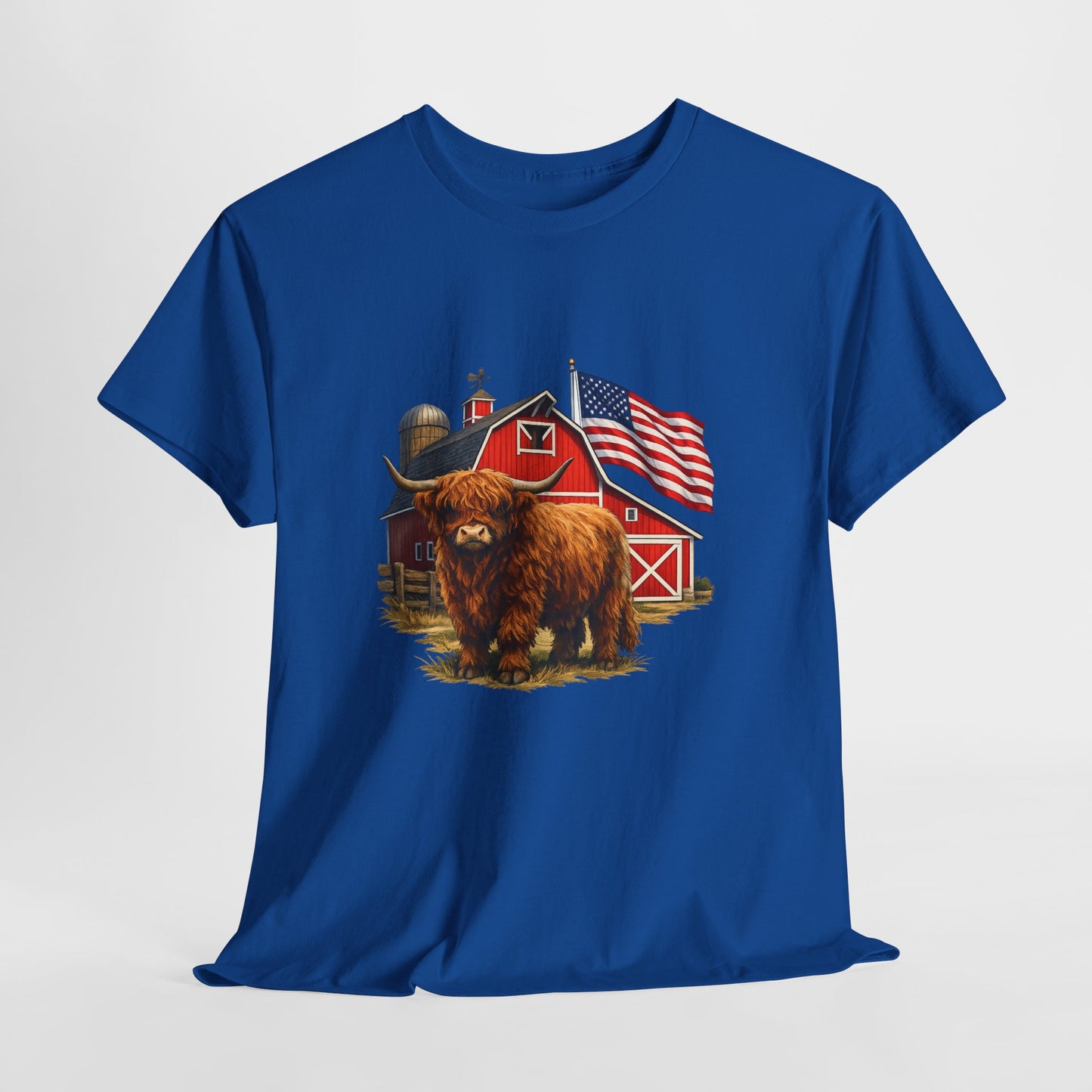 Highland Cow Farm Tee — American Flag Barn Graphic T-Shirt