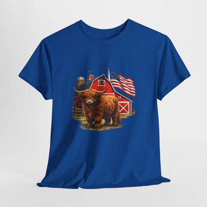 Highland Cow Farm Tee — American Flag Barn Graphic T-Shirt