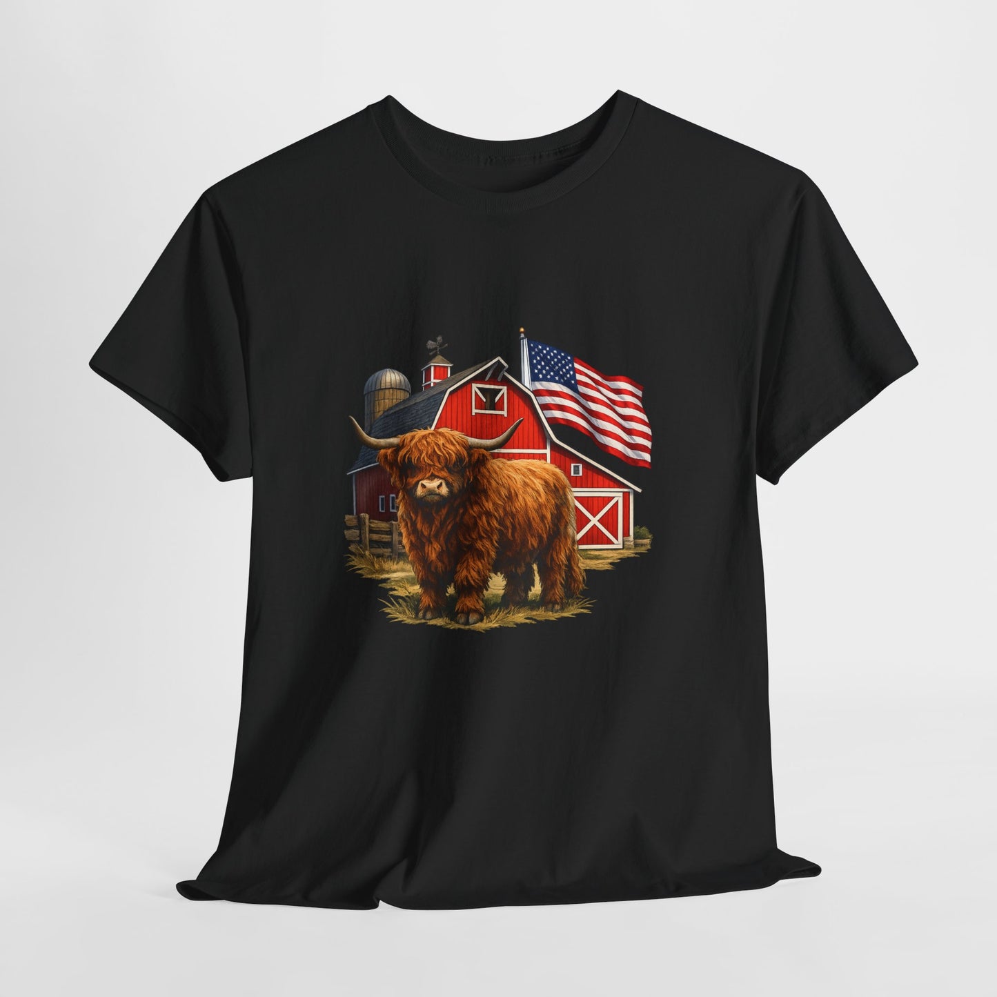 Highland Cow Farm Tee — American Flag Barn Graphic T-Shirt