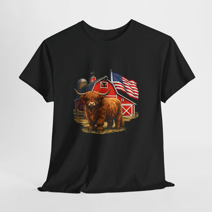 Highland Cow Farm Tee — American Flag Barn Graphic T-Shirt