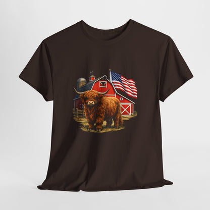 Highland Cow Farm Tee — American Flag Barn Graphic T-Shirt