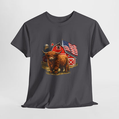 Highland Cow Farm Tee — American Flag Barn Graphic T-Shirt