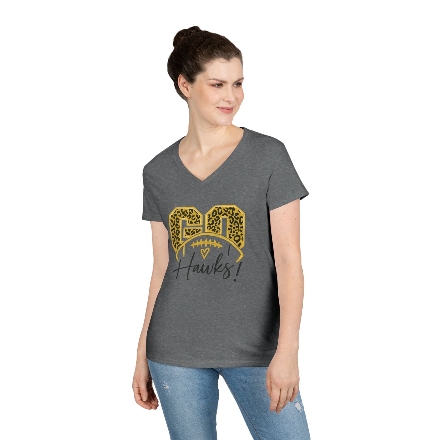 Go Hawks Leopard Print V-Neck T-Shirt — Women's Football Mom Fan Tee