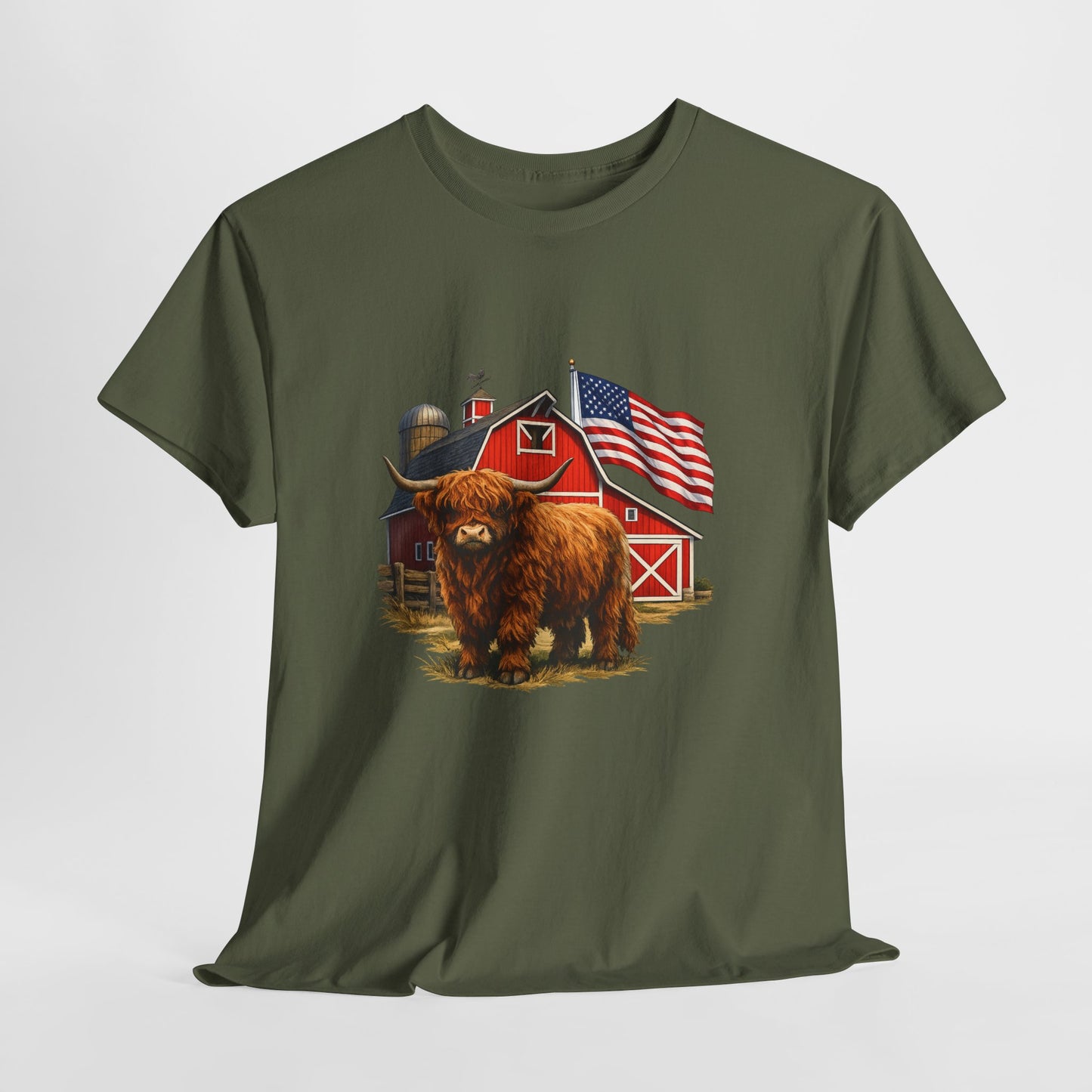 Highland Cow Farm Tee — American Flag Barn Graphic T-Shirt
